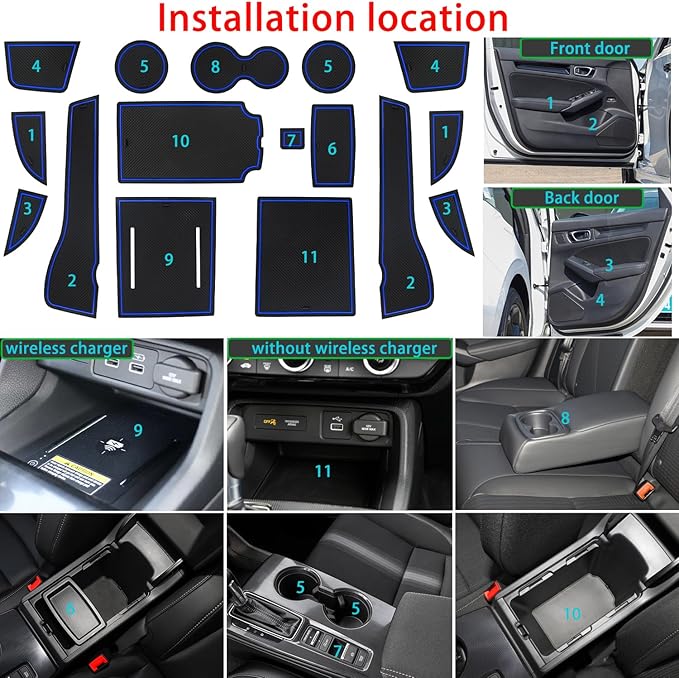 Center Console Liner for Honda Civic 11th Gen Sedan Accessories 2022-2024 2025 2026, Cup Holder Mat, Coaster Trim, Door Slot Pad, Non-Slip Interior, Custom Rubber Decoration Insert (16pcs, Blue)