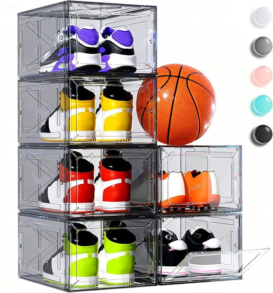 6 Pack Large Drop-Front Black Transparent Shoe Boxes, Stackable Sneaker Storage Container for Closet, Fits US Size 13+, Magnetic Front Door, Heavy-Duty Reinforced Plastic Shoe Organizer