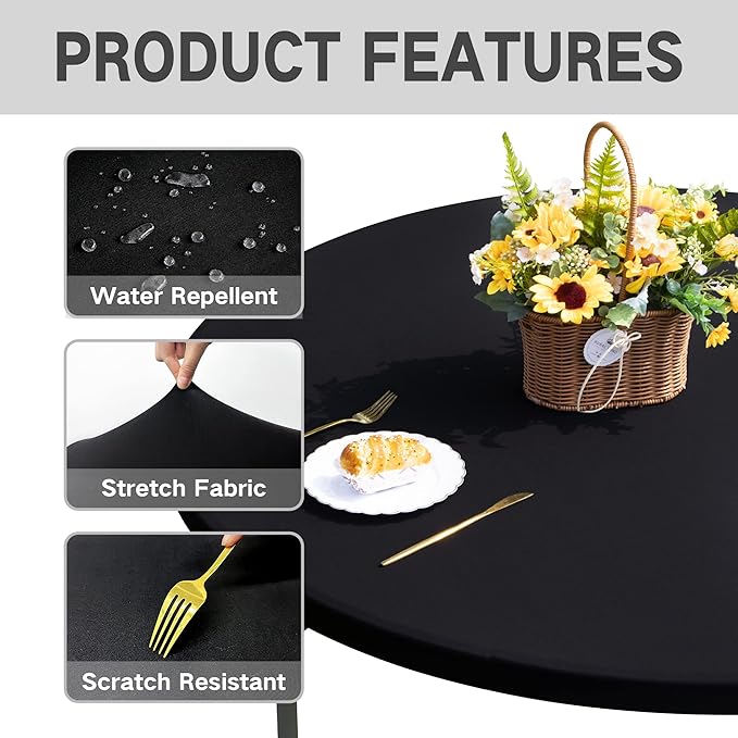 Round Fitted Table Cover Elastic Tablecloth 5ft Stretch Spandex Table Top Cover for Dining Indoor Outdoor Party Black 60 Inch