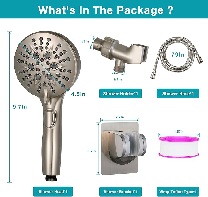 GwernKB Handheld Shower Head with on off Switch&Built-in Power Spray,7-Setting High Pressure Shower Wand with 79in Long Hose&Bracket and Extra Adhesive Shower Holder for Lower Mount,Brushed Nickel
