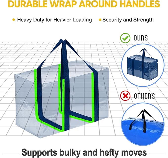 VENO 10 Pack Moving Bags, Heavy Duty, Moving Boxes Alternative, Packing Storage Supplies for Dorm Room Essentials with Zipper for Clothes, Extra Large Totes for Packaging (Blue, 10 Pack)