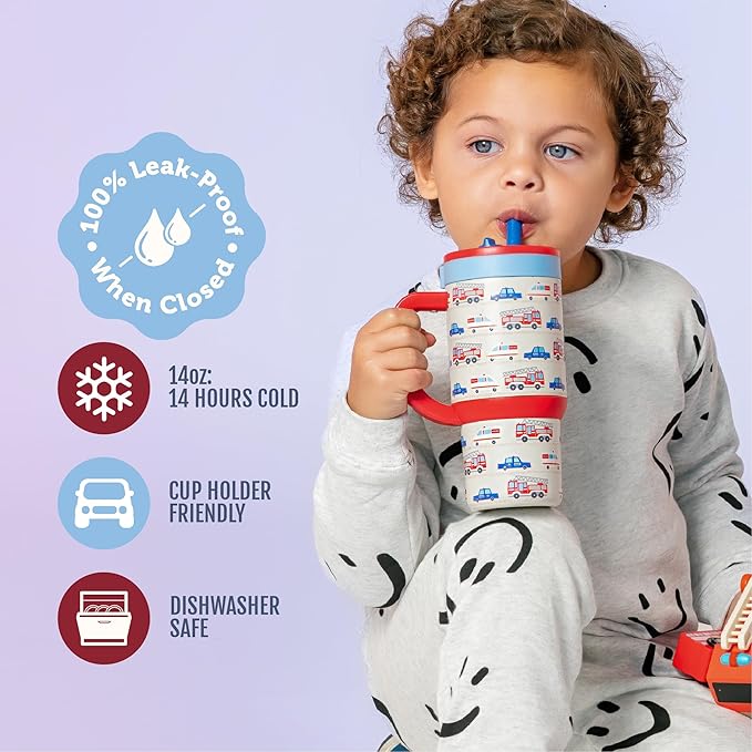 Ello Oasis 14oz Stainless Steel Toddler Tumbler with Handle & Retracting Straw, 100% Leakproof, Double-Wall Vacuum Insulated, Kids Water Bottle for School, BPA Free, Dishwasher Safe, To The Rescue