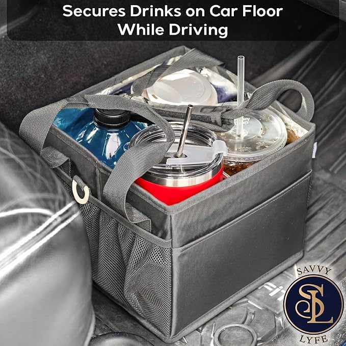 Reusable Drink Carrier with Handle – Tip-Resistant 4 Cup Carrier with Shoulder Strap for Delivery – Insulated, Foldable, Adjustable Dividers – Portable Caddy Tote Bag, Drink Holder for Car