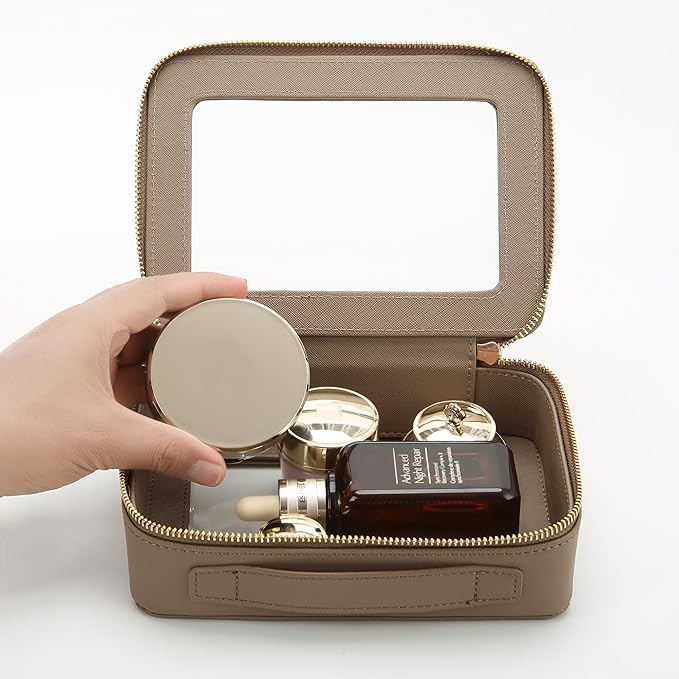 Aveniee Clear Makeup Bag Organizer, Travel Toiletry Bag Cosmetic Case for Women, Portable Make Up Skincare Pouch Car Organizer Bag with Zippers for Essentials,Taupe