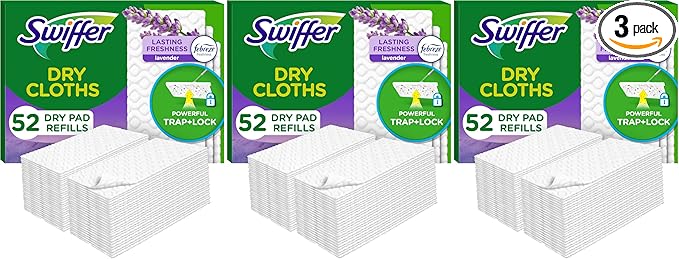 Swiffer Sweep + Mop, Dry Pads Refill, Floor Cleaner for Dirt, Dust, Hair, Cleaning Cloths for Mopping Home, Bathroom, Kitchen, Dust Mop, Floor Duster, Lavender, 52ct (Pack of 3)