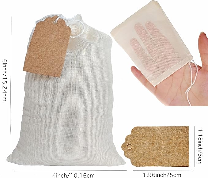20Pcs 4 x 6 Inch Muslin Cotton Drawstring bags and Gift Tags Reusable Reusable Tea Bags, Produce Bags, Cooking Soup, Jewelry Pouch for Party Wedding Home Storage