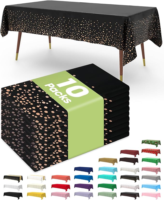 Pureegg Plastic Table Cloth Disposable 10 Pack, 54 x 108 Inch Table Cloths, Graduation Decorations of 2026, Graduation Tablecloths, Rectangle, Plastic Cover, Leakproof & Sturdy, Black and Rose Gold