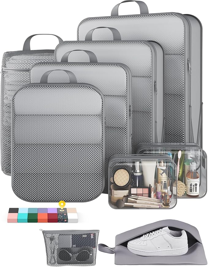Veken 9/11 Set Compression Packing Cubes for Travel Essentials, Compressible Expandable Large Luggage Suitcase Organizer Bags for Clothing, Durable Space Saver Storage Bags with Toiletry Bags (Gray)