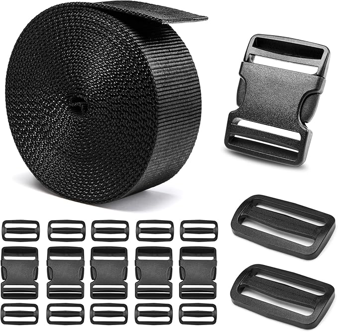 2" Heavy-Duty Buckle & Straps Set: 6-Pack Side Release Plastic Buckles, 6 Yards of Thick Nylon Webbing, 12 Tri-Glide Slide Clips, No Sewing Required (2 Inch Combo Set)