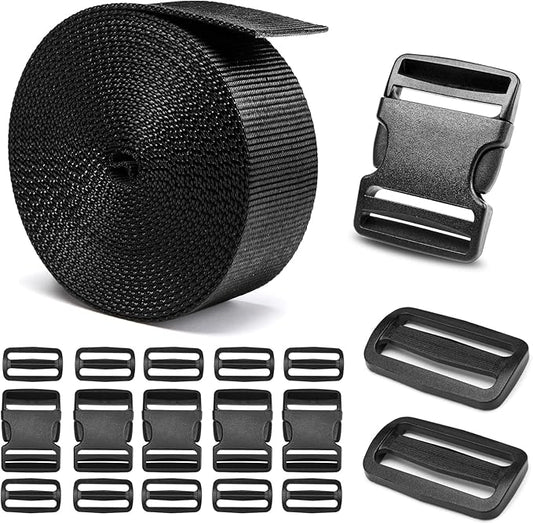 2" Heavy-Duty Buckle & Straps Set: 6-Pack Side Release Plastic Buckles, 6 Yards of Thick Nylon Webbing, 12 Tri-Glide Slide Clips, No Sewing Required (2 Inch Combo Set)