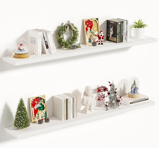 Vivelove 10 Deep Floating Shelves for Wall, 55" x 10.2" x 1.5" Shelves for Room Wall Mounted, 1.5 Inch Thick Shelf for Bathroom Bedroom Kitchen Book Room, Modern Farmhouse Decor, Set of 2, White