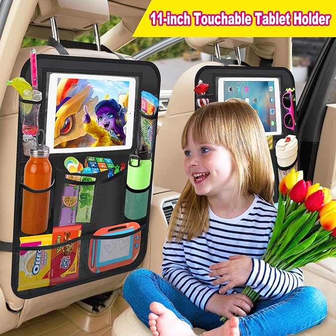 2 Pack Car Backseat Organizer, Car Seat Organizer Kick Mats Back Seat Protector with 11" Tablet Holder, Car Storage Organizer for Kids,10 Storage Pockets Travel Accessories