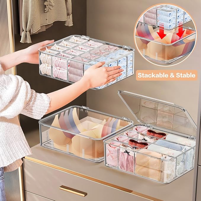 Sock Underwear Organizer, 16 Compartment Adjustable Dividers Bras Socks Underwear Drawer Organizers for Closet, Clear Plastic Storage Containers Box with Lids for Ties Bra Scarf Socks