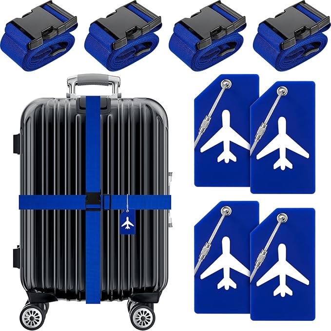 Weewooday 8 Pcs Luggage Straps Suitcase Tags Set for TSA Approved, 4 Travel Adjustable Suitcase Belt, 4 Silicone Luggage Tags with Name ID Card Travel Accessories(Ultramarine,Airplane)