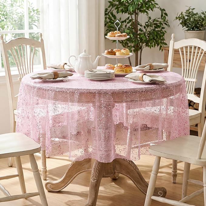 Horaldaily Pink Gold Gauze Tablecloth 60x60 Inch Round, Pink Sequin Glitter Metallic Foil, Sheer Tulle Cheesecloth for Wedding Baby Shower Ceremony Birthday