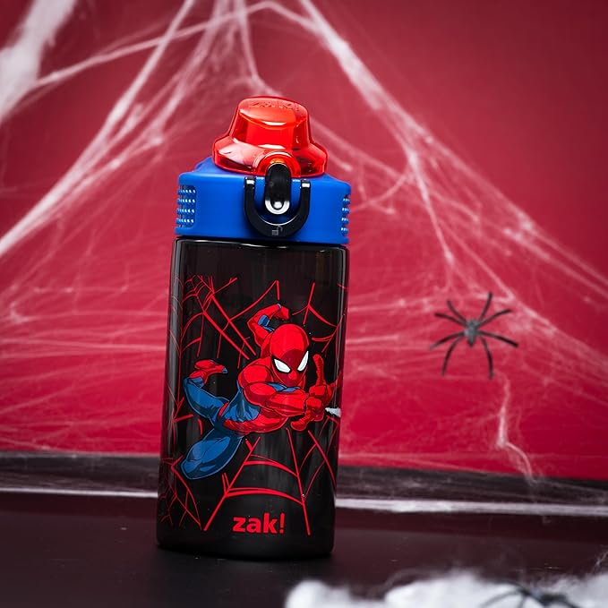 Zak Designs Marvel Sage Kids Water Bottle For School or Travel, 16oz Durable Plastic Water Bottle With Straw, Handle, and Leak-Proof, Pop-Up Spout Cover (Spider-Man)