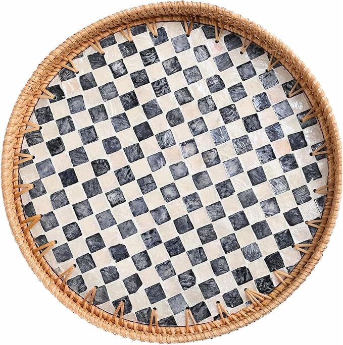 12" Large Rattan Serving Tray with Mother of Pearl, Decorative Coffee Table Trays for Home Decor, Large Wicker Woven Serving Tray Decor for Kitchen Counter,Living Room and Ottoman, Black