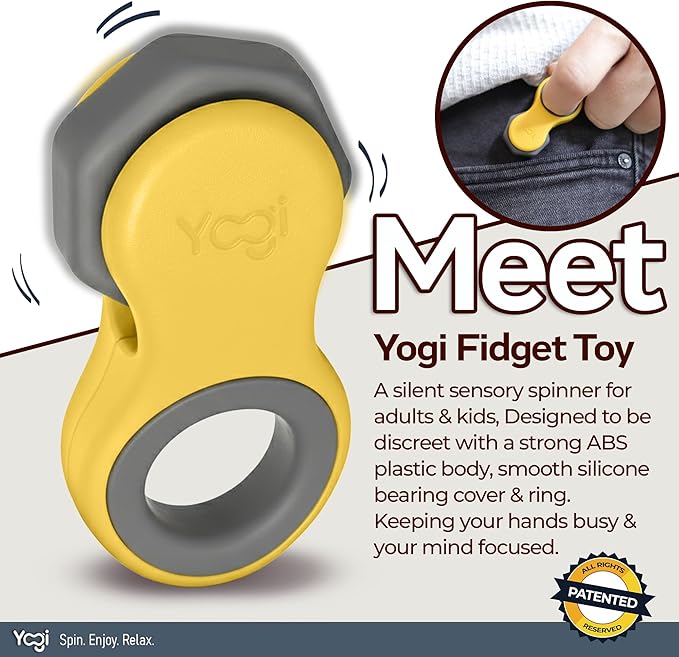 Yogi Fidget Toy – Silent Sensory Spinner for Adults & Kids – Stress Relief Fidgets for ADHD, Anxiety – Fidget Toys for Adults – Includes 5 Finger-Fit Rings – Work, School & Travel – Amber
