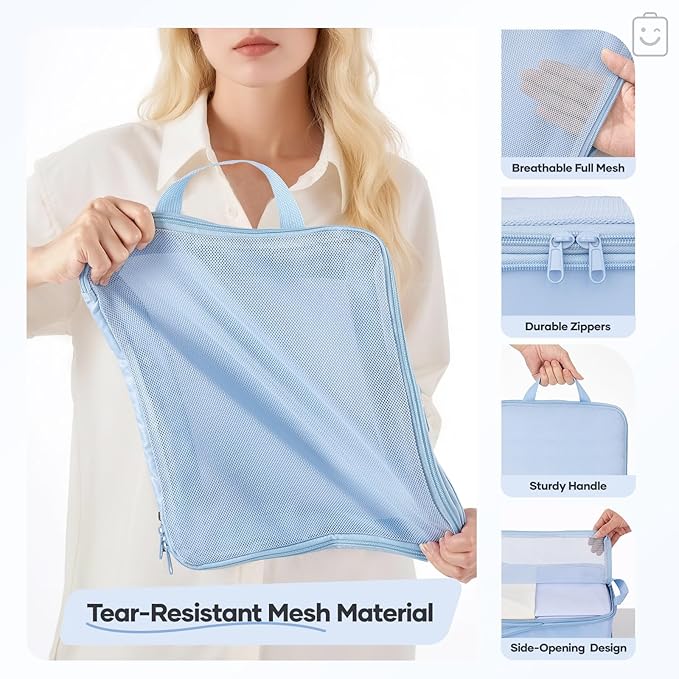 Veken 9/11 Set Compression Packing Cubes for Travel Essentials, Compressible Expandable Large Luggage Suitcase Organizer Bags for Clothing, Durable Space Saver Storage Bags (Light Blue)