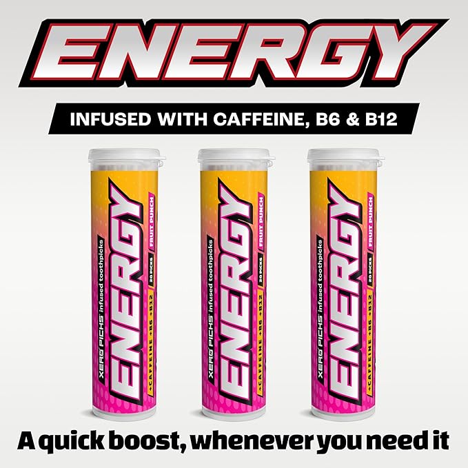 Xero Picks Energy Caffeine Flavored Toothpicks B12 for Focus & B6, 60 Picks (Pack of 3) (Fruit Punch) Sugar-Free Alternative to Energy Mints & Gum - Kosher