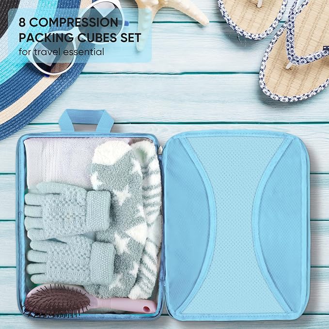 8 Set Compression Packing Cubes for Travel, Packing Cubes Compression Travel Accessories Expandable Packing Organizers for Carry on Luggage Suitcase