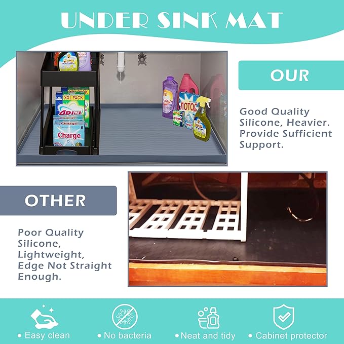 URMONA Waterproof Silicone Under Sink Mat 31'' x 22'' Shelf Liner for Kitchen and Bathroom, Cabinet and Counter Protector, Storage and Organizers, Litter Mat, Pet Cat Puppy Essentials(Light Grey)