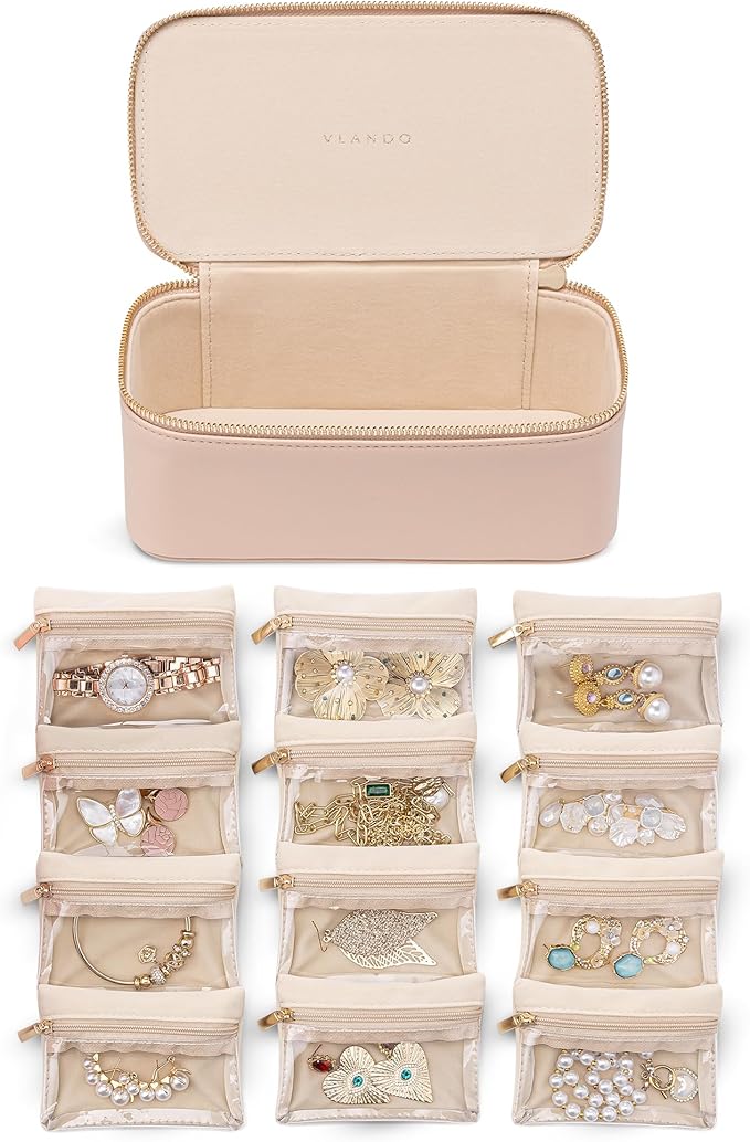 Vlando Jewelry Travel Case, Travel Jewelry Organizer with Clear Velvet Jewelry Bags 12Pcs Zipper Pouch for Women Wedding Gifts for Friends Sister-Khaki