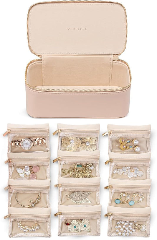 Vlando Jewelry Travel Case, Travel Jewelry Organizer with Clear Velvet Jewelry Bags 12Pcs Zipper Pouch for Women Wedding Gifts for Friends Sister-Khaki