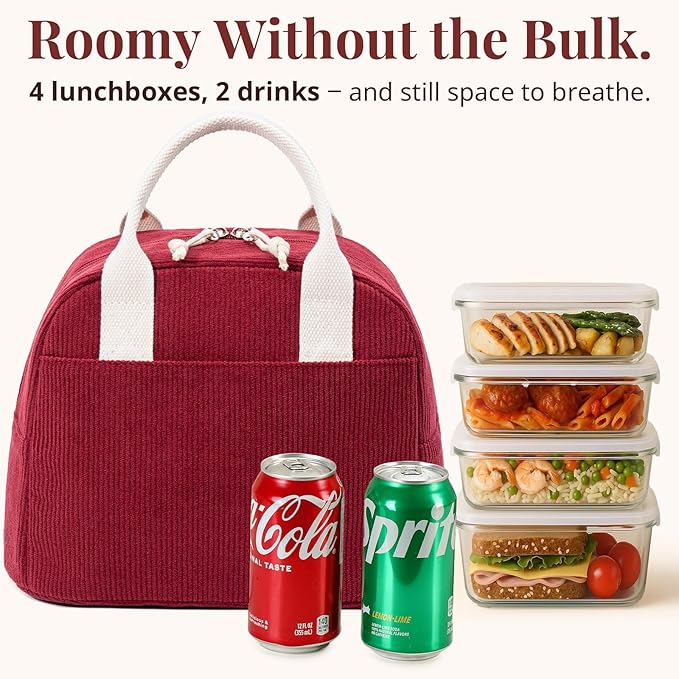 LOVELYWIND Insulated Lunch Bag for Women Men, Stylish Corduroy Tote Bag with Aluminum Lining, Large Capacity Reusable Cooler for Work, Travel, or Beach, Wine Red Lunch Box