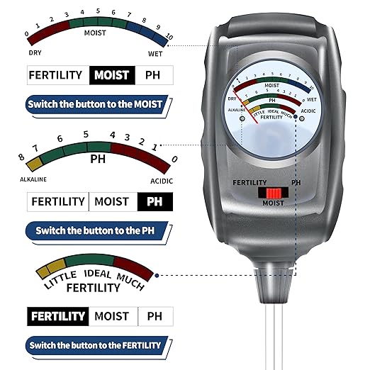 3-in-1 Soil Test Kit, Soil Moisture Meter/Soil ph Meter/Fertility Soil Tester, Soil Hygrometer for Garden,Plant,Farm, Indoor, Outdoor, Lawn Care Moisture Meter for Hous Plants. (Black Silver)