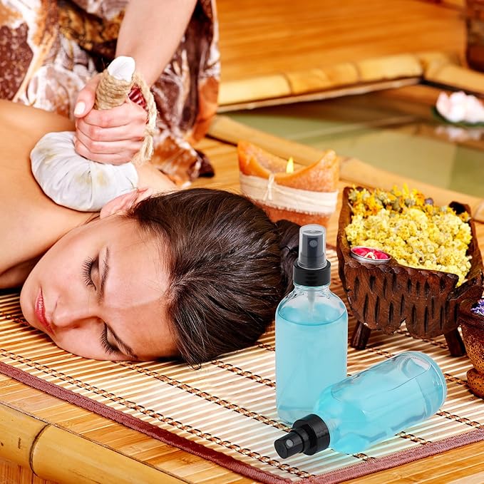 Fumete 2 Pack Glass Bottles 4oz Empty Refillable Liquid Containers with 1 Label 1 Funnel for Essential Oils Hair Travel Plants Cleaning Skin Care(Clear, Black Top,Mist Bottle)