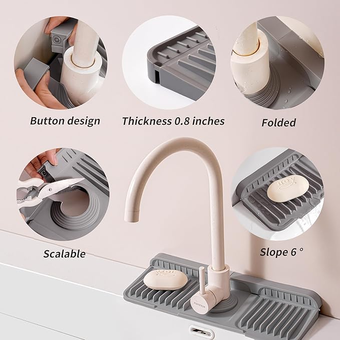 14.57" Silicone Sink Splash Guard - Essential Kitchen Sink Accessory with Drip Tray, Sponge Holder & Soap Dish, 6°Slope for Easy Drainage, Foldable & Fasten Button for Perfect Fit（Grey）
