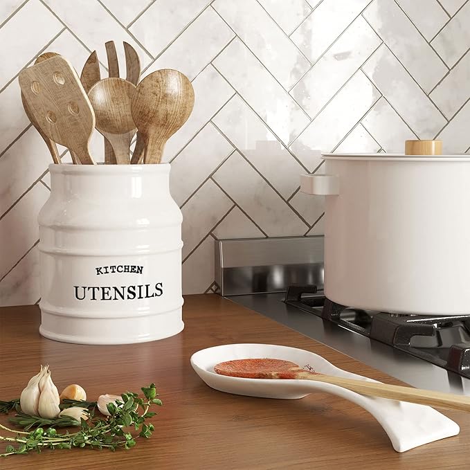 Barnyard Designs Ceramic Farmhouse Utensil Holder for Kitchen Counter, Large Rustic Utensil Crock, Countertop Cooking Tool Spatula Organizer, 6.75” (White)
