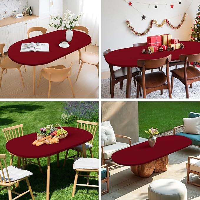 NEWISHER Fitted Oval Tablecloth 48 x 68 Inch Elastic Table Cloth, Stretch Spandex Table Cover Burgundy Washable Polyester Top Cap Cover for Dining Picnic Camping Indoor and Outdoor