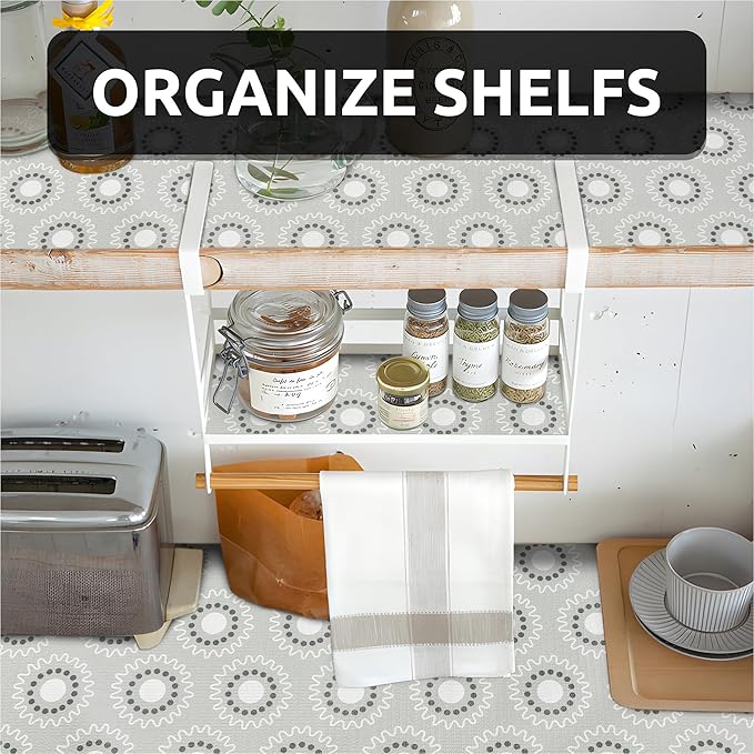 FIFTY FEET 12X120 Inch Shelf Liner for Kitchen Cabinets, PVC Drawer Liner for Dresser Non-Slip Bathroom, Non-Adhesive Cabinet Liner Washable (Grey Circle)(2 Roll)