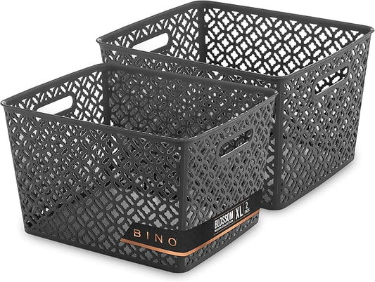 BINO l Plastic Storage Baskets, XLarge - Grey | THE BLOSSOM COLLECTION l Multi-Use Organizer Bin l Built-in Handles l Plastic Woven Basket for Organizing l Pantry & Home Organizing Basket