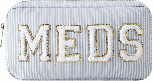 uekeboag Seersucker Chenille Letter Stuff Meds RX Makeup Bag, Travel Washable Purse Organizer with Zipper, Lightweight Toiletry Cute Personalized Preppy Cosmetic Bag For Women and Girls(03Blue Meds)