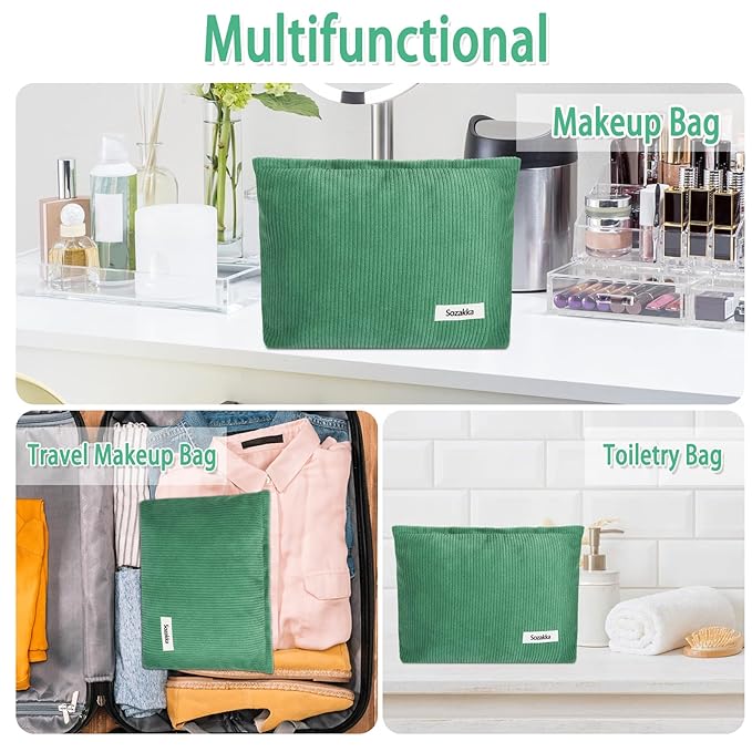ZLFSQR Corduroy Makeup Bag for Women Small Corduroy Cosmetic Bag Large Cute Travel Makeup Pouch for Purse Green Cloth Cosmetic Pouch Zipper Storage Organizer Canvas Toiletry Bags