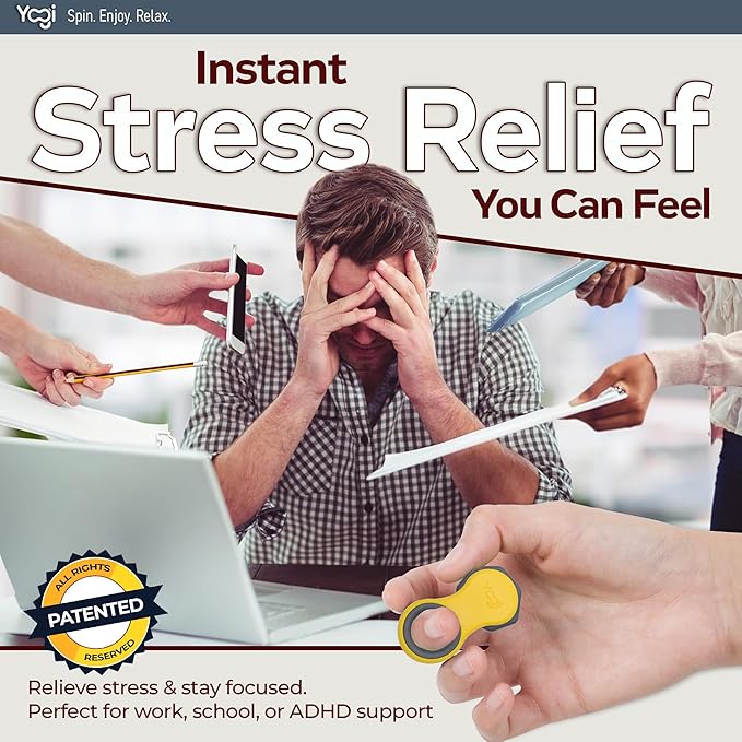 Yogi Fidget Toy – Silent Sensory Spinner for Adults & Kids – Stress Relief Fidgets for ADHD, Anxiety – Fidget Toys for Adults – Includes 5 Finger-Fit Rings – Work, School & Travel – Amber