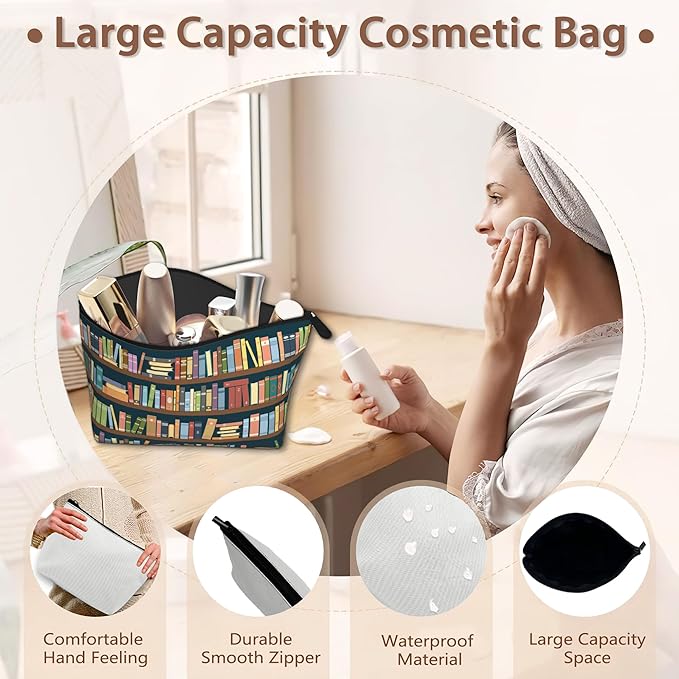 Vintage Bookshelves Makeup Bag Travel Cosmetic Bag for Women,Library Books Small Make up Pouch Travel Bags for Toiletries Aesthetic Accessories Waterproof Gifts