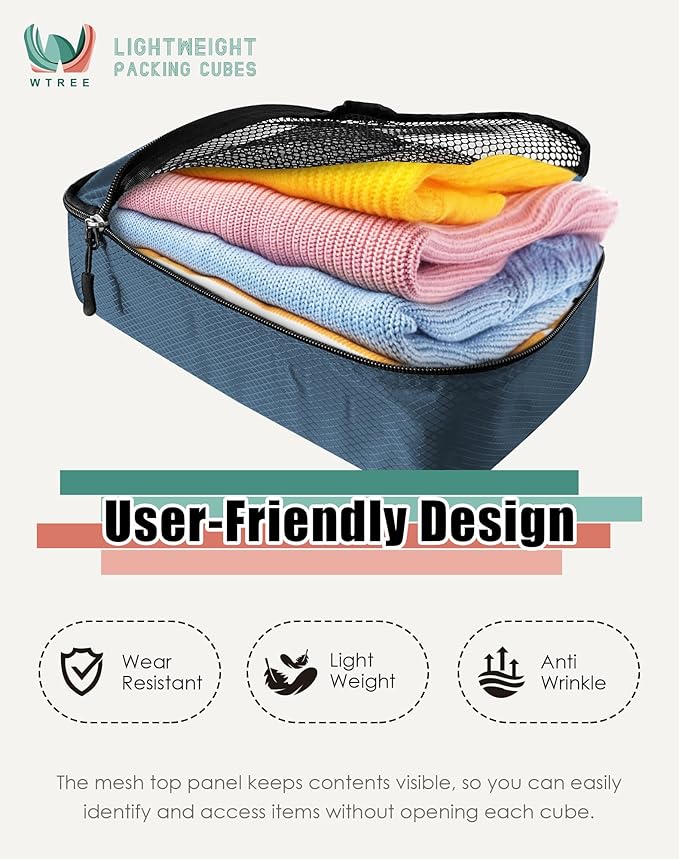 4-Piece Packing Cubes Travel Accessories Set for Suitcases - Luggage Organizer Bags with Double Zipper - Mesh Top - Small/Medium/Large/Slim - Dark Blue