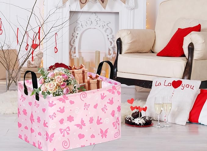MAIZMZ Empty Gift Basket for Girls Heart Print Storage Cube for Women, Closet Shelf Waterproof Organizer Bins with Handles Nursery hamper Kids Toys Books Box Room Deco