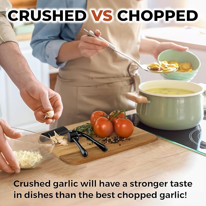 Zulay Kitchen Large Premium Garlic Press Set - Bigger Bowl for Bigger Garlic - Rust Proof & Dishwasher Safe Garlic Mincer Tool - Easy-Squeeze, Easy-Clean Silicone Garlic Peeler & Brush (Black)