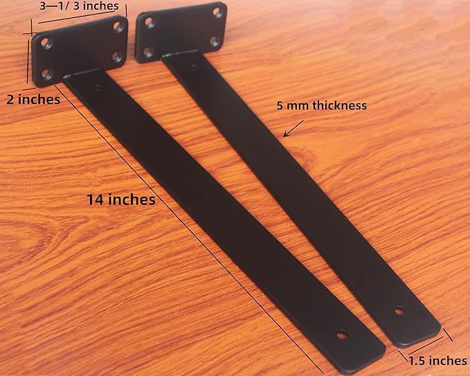 4 Pack - 14 inch Black Hidden L Shelf Bracket (1/5 Inch Thicked) Iron Floating Shelf Brackets Rustic Industrial Metal Brackets for Shelf Support