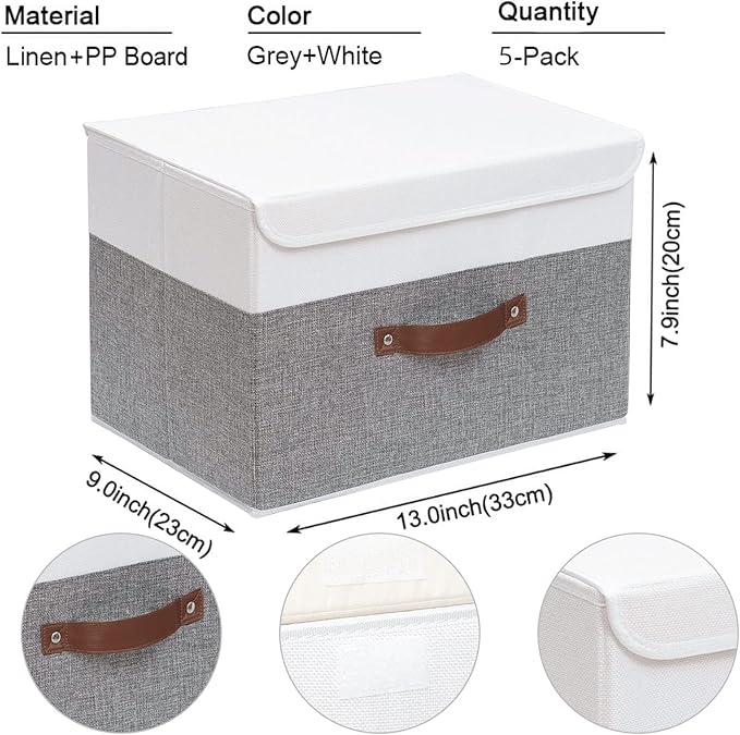 Yawinhe Collapsible Storage Bin, Cube Organizer Basket, Fabric Box with Lids, Washable and Leather Handle, for Home, Closet, White/Grey, 13.0''Lx9.0''Wx7.9''H, 5-Pack, SNK024WGS-5