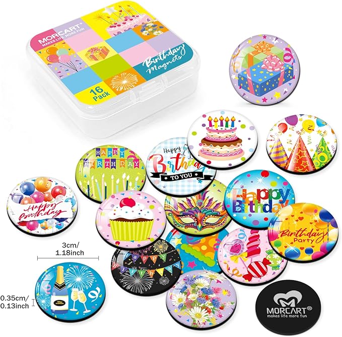 MORCART 16PCS Cute Birthday Magnets Decoration for Fridge Refrigerator Locker Whiteboard Decorative Magnetic Board Cabinets Classroom Office Cubicle Gift (Birthday)