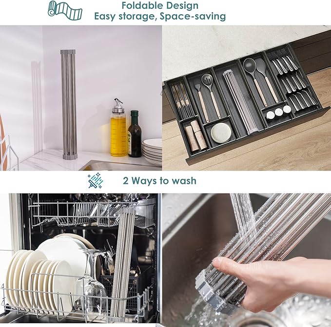 Tomorotec Roll Up Dish Drying Rack, Over The Sink Dish Drying Rack, Portable Stainless Steel Rolling Rack Multipurpose Kitchen Drainer Caddy Organizer Storage Shelf Holder, Gray