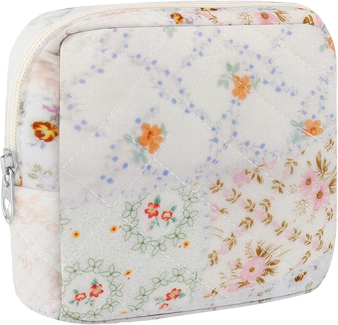 Small Quilted Cotton Makeup Bag for Purse Mini Cosmetic Period Bag for Women Cute Mixed Flower Makeup Sanitary Pouch Portable Travel Toiletry Bags with Zipper Christmas Birthday Gifts