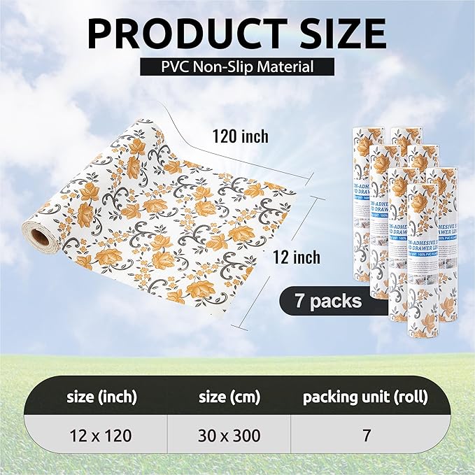 FIFTY FEET 12X120 Inch Shelf Liner for Kitchen Cabinets, PVC Drawer Liner for Dresser Non-Slip Bathroom, Non-Adhesive Cabinet Liner Washable (Yellow Floral)(7 Roll)