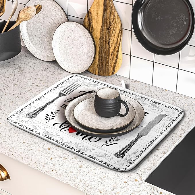 White Kitchen Dish Drying Mat 16x18 Inch Knife Fork Dish Drainer Rack Mats Microfiber Absorbent Protector for Kitchen Countertop Decor